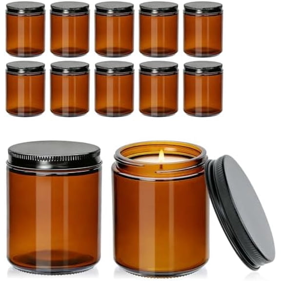 12 Pack 8 oz Amber Glass Candle Jars with Black Metal Lids,Empty Glass Jars with Airtight Lids for Candle Making, Round 250ml Mason Jars for Spice,Liquid,Sample,Storage,Home Decor