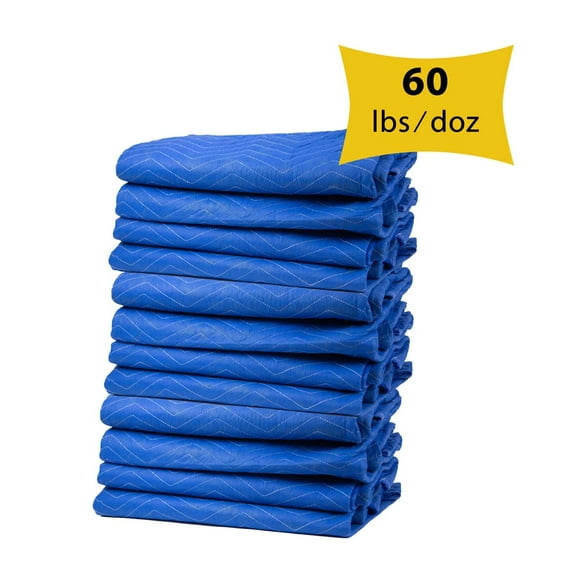 12 Pack 80" x 72" Moving Blankets (60 lb/dz Weight) - Blue Non-Woven Polyester Furniture Moving Pads for Protection in Moving or Storage