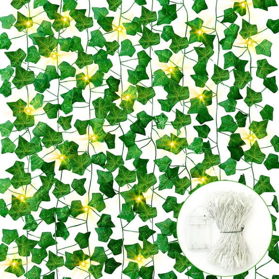 12 Pack 84Ft Artificial Ivy Leaf Plants with LED String Lights Fake Ivy Leaves Artificial Ivy Garland Greenery Hanging Plants Vines for Wedding Wall Party Home Room Kitchen Garden Decor