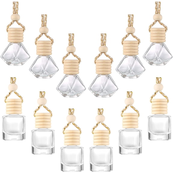 12 Pack 8ml Hanging Clear Glass Car Diffuser Bottles, Refillable Empty Essential Oil Fragrance Pendant with Wooden Caps, Classic Style Auto Aroma Decor