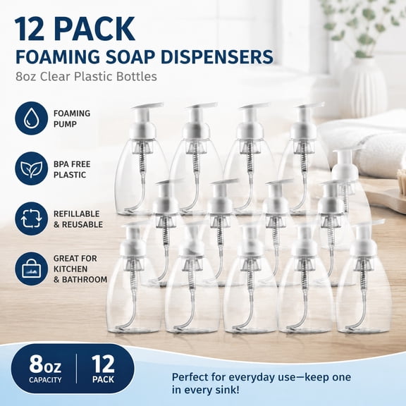 12 Pack 8oz Foaming Soap Dispenser Bottles, Refillable Foaming Hand Soap Pump, Clear Plastic Foam Soap Dispensers for Kitchen & Bathroom