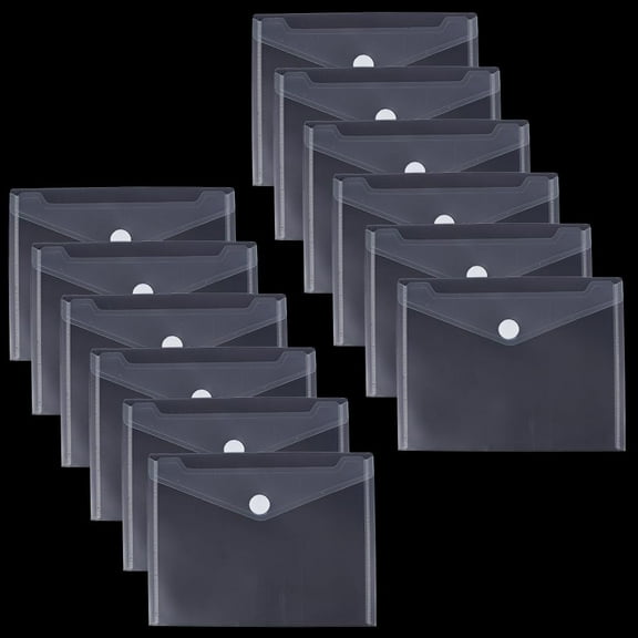 12 Pack 9x7in Clear Plastic Envelope Bags Transparent Folders Large Reusable Rectangle Waterproof Paper Card Holder Bulk with Snap Button Closure for Documents Home Work Office Organization
