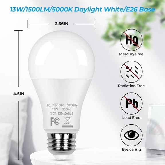 12-Pack A19 LED Light Bulbs 100W Equivalent Bulbs, Super Bright 1500 Lumens 13W 5000K Daylight White Bulbs with Standard E26 Medium Base, CRI85+, No Flicker Non-Dimmable Energy Saving Bulbs for Lamp