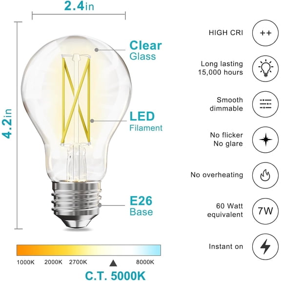 12 Pack A19 Vintage LED Edison Bulbs, Dimmable, 60W Equivalent, High Brightness 5000K Daylight, Ultra-Bright, 7W E26 Standard Base, CRI80+, 800Lumens, Clear Glass Filament Bulb for Home