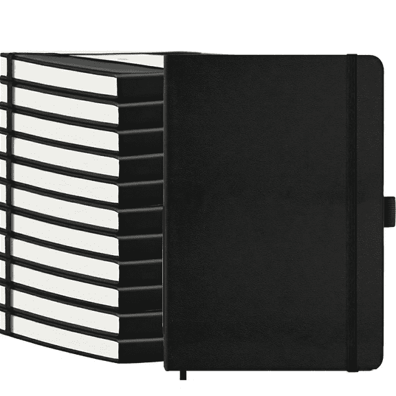 12-Pack A5 Black Leather Journals, 160 Pages 80GSM Wide Ruled Notebooks with Pen Loop & Waterproof Cover for School, Office & Business Notes, Solid Black