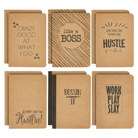 12 Pack A6 Notebook Bulk - Brown Kraft Paper Lined Journals for Coworkers, Office Supplies (80 Lined Page, 4 x 5.75 In) - 6 Motivational Designs