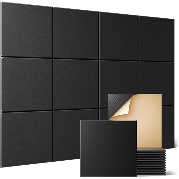 12 Pack Acoustic Wall Panels with Self-Adhesive, 12" X 12" X 0.4" Sound Proof Foam Panels, Decorative Soundproof Wall Panels, Sound Proof Absorbing Tiles for Home & Offices, Black
