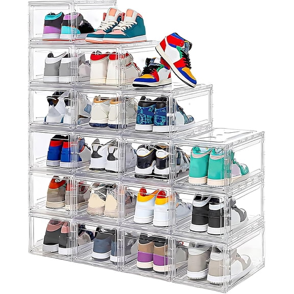 12 Pack Acrylic Clear Shoe Boxes Ultra Clear Plastic Stackable Sneaker Storage For Sneakerhead. Professional Grade Shoe Display Case with Magnetic Door. Boots and Hat Organizer. Fits US Size 15