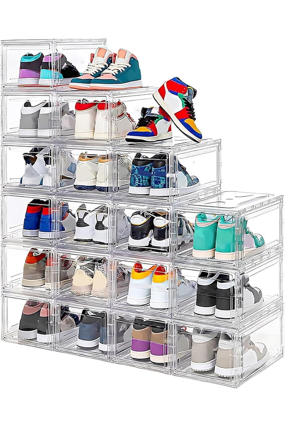 12 Pack Acrylic Clear Shoe Boxes Ultra Clear Plastic Stackable Sneaker Storage For Sneakerhead. Professional Grade Shoe Display Case with Magnetic Door. Boots and Hat Organizer. Fits US Size 15