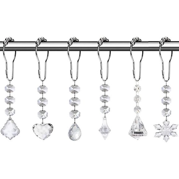 12 Pack Acrylic Crystal Shower Curtain Rings Stainless Steel Rustproof with Clear Beads