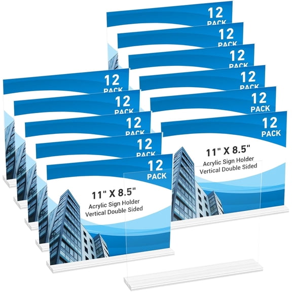12 Pack Acrylic Sign Holder 11 x 8.5 Horizontal, Double-Sided Clear Sign Holder Plastic Stands for Display, T Shape Acrylic Table Sign Stands for Office Store Restaurants Wedding Party Decoration