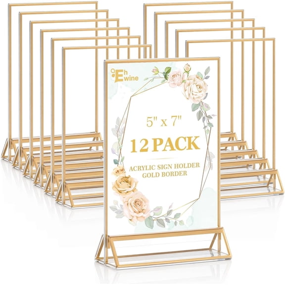 12 Pack Acrylic Sign Holder 5 x 7, Double Sided Gold Picture Stand up Table Top Sign Holders, Clear Display Stand Menu Flyer Holder for Wedding Party (Provide Non-slip Mats)