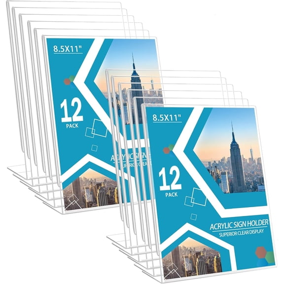 12 Pack Acrylic Sign Holder 8.5 x 11 Slant Back Acrylic Stands for Display Plexiglass Clear Acrylic Display Stands for Ad Frame, Picture Photo Frames, Promotions, Restaurants, Office, Store