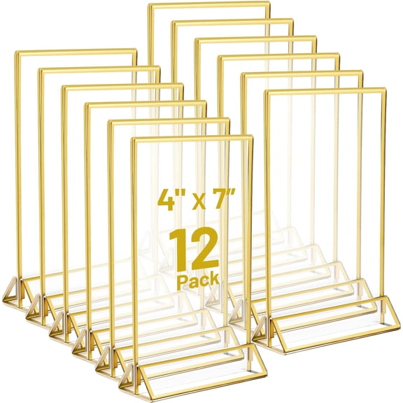 12 Pack Acrylic Sign Holders, Gold Borders, Double Sided Menu Display Stand, 4x6 Clear Frame Vertical Stand for Wedding Table Number Restaurant Sign Menu Photo