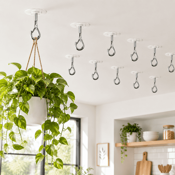 12-Pack Adhesive Ceiling Hooks, Stainless Steel Eye Hooks, No Drilling Required