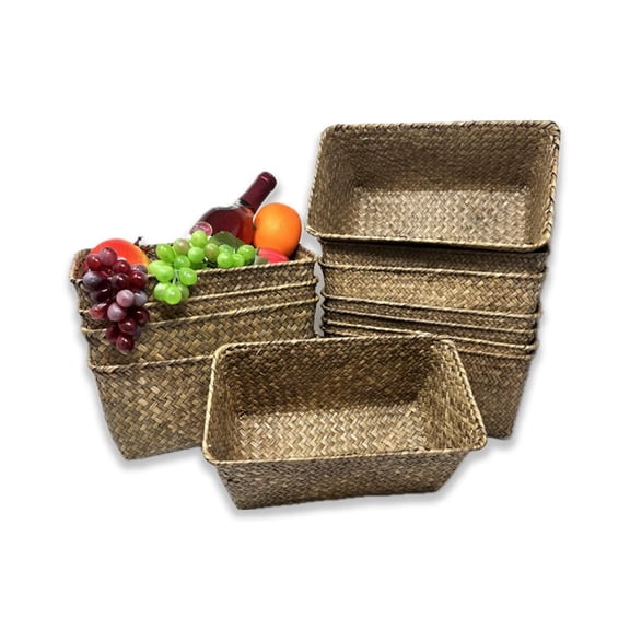 12 Pack Alexa 10" Natural Medium Slim Rectangular Utility Tray  Handmade Handwoven Seagrass Baskets for Pantry, Shelf, Closet, Office, Bathroom, Decorative Storage and Organizer  Bulk Supply Set