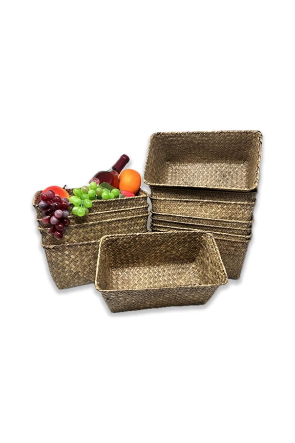 12 Pack Alexa 10" Natural Medium Slim Rectangular Utility Tray Handmade Handwoven Seagrass Baskets for Pantry, Shelf, Closet, Office, Bathroom, Decorative Storage and Organizer Bulk Supply Set