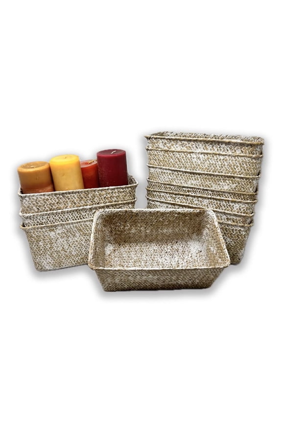12 Pack Alexa 10" White Wash Medium Slim Rectangular Tray Handmade Handwoven Seagrass Baskets for Pantry, Shelf, Closet, Office, Bathroom, Decorative Storage Bulk Supply Set
