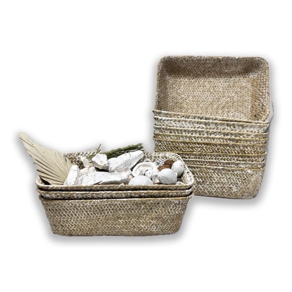 12 Pack Alexa 10" White Wash Rectangular Utility Tray Handmade Handwoven Seagrass Baskets for Pantry, Shelf, Closet, Office, Bathroom, Decorative Storage and Organization Bulk Supply Set