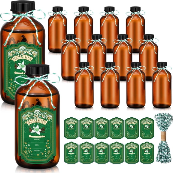 12 Pack Amber Glass Bottles Boston Round Sample Bottles Glass jars with Lids Dark Vanilla Extract and 12 Pcs Christmas Green Snowflakes Stickers for Gift Beans(2 oz)