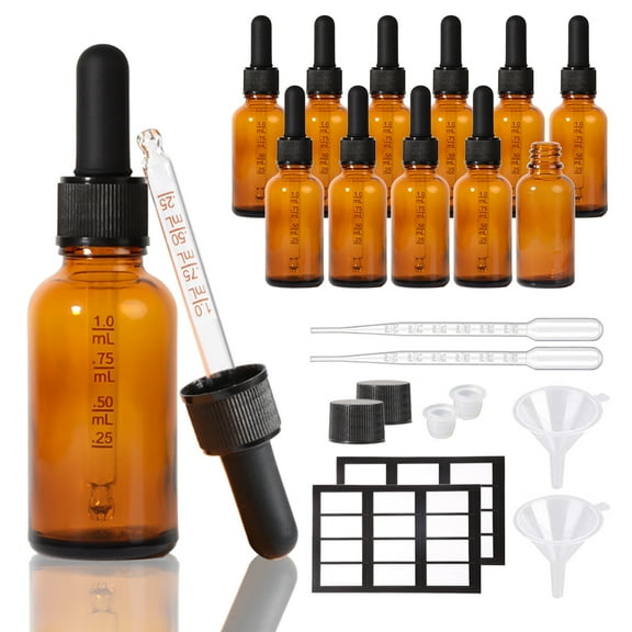 12 Pack Amber Glass Dropper Bottles 1 oz,Tincture Bottles with Measured Dropper for Essential Oils,with Funnel,Cap,Stopper& Labels