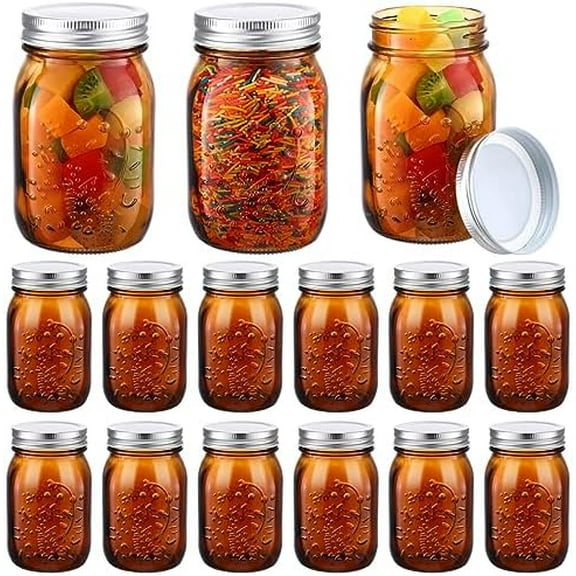12 Pack Amber Mason Jars 16 oz Glass Mason Jars Pint Bulk Wide Mouth with Airtight Lids Storage Containers for Canning Pickle Food Fermenting Preserving Beverage DIY Crafts Decorations