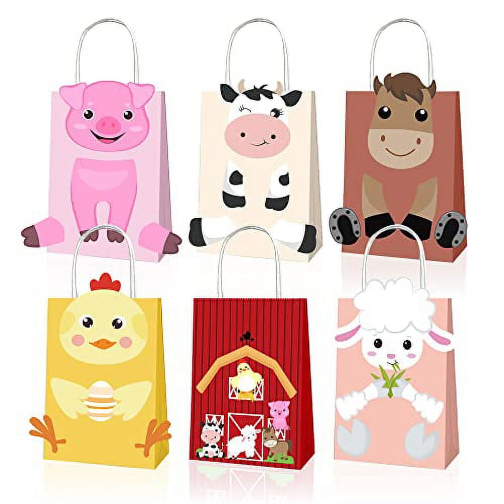 12 Pack Animal Party Favor Bags for Kids Paper Bags with Handles Goodie Candy Treat Bags Kraft Paper Gift Bags for Birthday Halloween Christmas Safari Animals Jungle Theme Party Bags