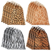 12 Pack Animal Print Drawstring Gift Bags for Jungle Safari Birthday Party, Baby Shower Favors, Goodies, Candy Treats (4 Designs, 10 x 12 In)