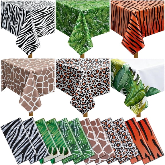 12 Pack Animal Safari Tablecloth, 54" x 108"Jungle Animal Theme Table Cover, Leopard Tiger Zebra Giraffe Palm Leaf Print Table Cloth, for Baby Shower Birthday Party Supplies(6 Styles)