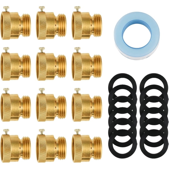 12-Pack Anti Siphon Valve, 3/4 Inch GHT Backflow Preventer Hose Bib, Vacuum Breakers Set for Outdoor Faucet, Garden Spigot, RV, Solid Brass Anti-Backflow Valve with Sealing Tape