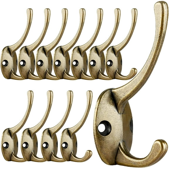 12 Pack Antique Brass Coat Hooks Wall Mounted with 24 Screws Retro Double Hooks Utility Antique Brass Hooks for Coat, Scarf, Bag, Towel, Key, Cap, Cup, Hat