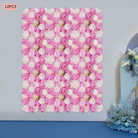 12-Pack Artificial Flower Wall Panels, 3D Realistic Pink Dahlia, Hydrangea & White Rose Decorative Privacy Screen, UV-Resistant Plastic Silk Fabric for Indoor Outdoor