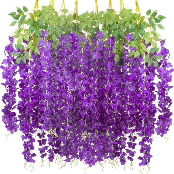 12 Pack Artificial Flowers Silk Wisteria Vine Ratta Hanging Flower (Red)