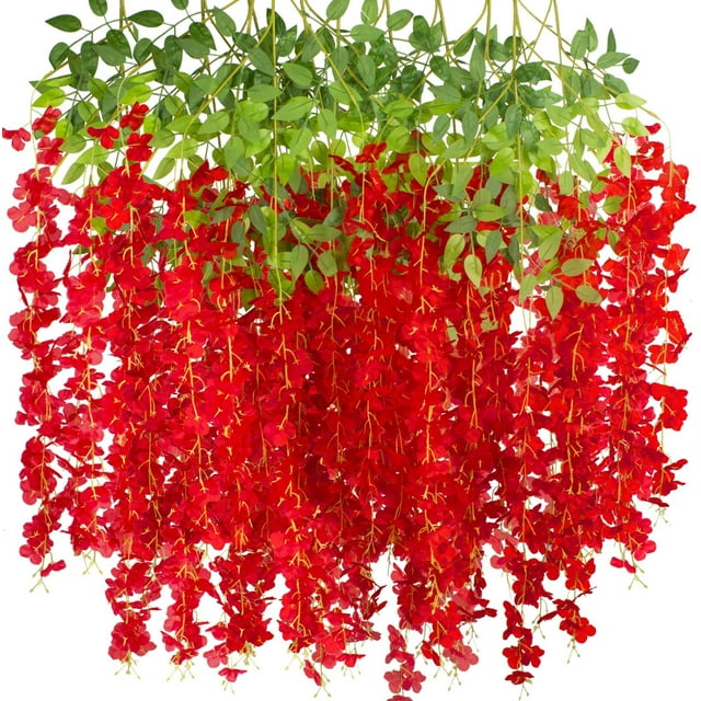 12 Pack Artificial Flowers Silk Wisteria Vine Ratta Hanging Flower (Red)