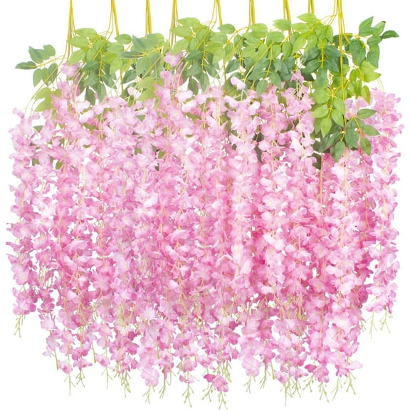 12 Pack Artificial Flowers Silk Wisteria Vine Ratta Hanging Flower (Red)