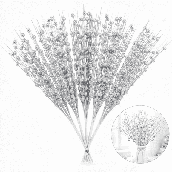 Artrylin 12 Pack Artificial Glitter Berry Stems, 17" Silver Christmas Berry Picks with Beaded Twig & Sparkle Wire, Holiday Vase Filler, Xmas Tree Ornaments, diy Wreath Garland Centerpiece Home Decor