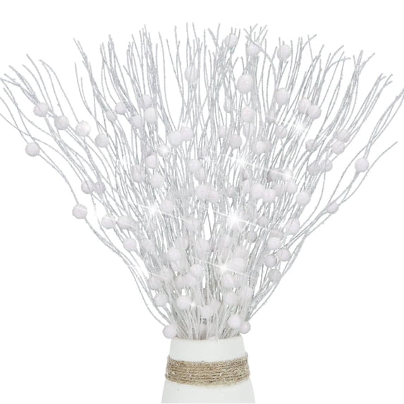 12 Pack Artificial Glitter Berry Stem Ornaments 17 inch Fake Christmas Picks Decorative White Glittery Twigs Sticks Branches for Xmas Tree Vase DIY Wreath Crafts Home Decor