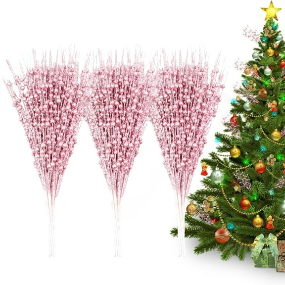 12 Pack Artificial Glitter Berry Stem Ornaments, 17in Christmas Decorations Picks Glittery Bead Sticks Branches for Christmas Tree Decor DIY Wreath Crafts Home Decor, Pink