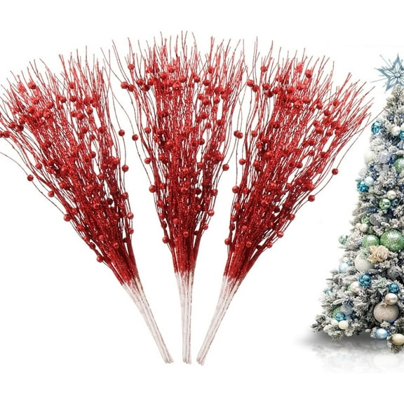 12 Pack Artificial Glitter Berry Stem Ornaments Decorative, NOGIS 17 Inches Christmas Picks Glittery Bead Sticks Branches for Christmas Tree Decor Home Decor (Red)
