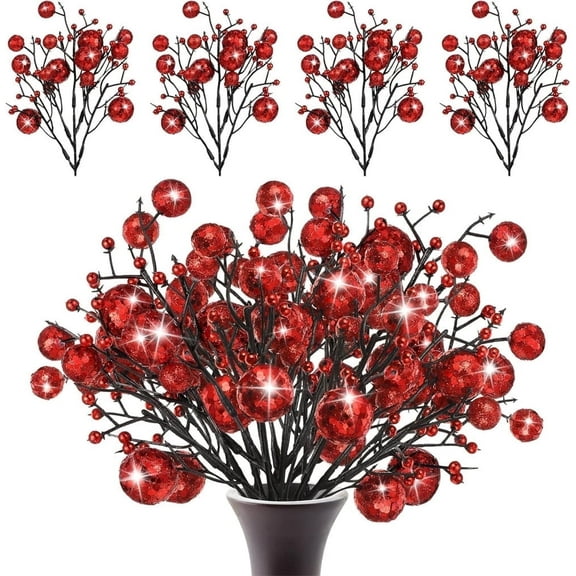 12 Pack Artificial Glitter Berry Stems, NOGIS 11.4 inch Christmas Glitter Berries Spray Picks Holly Berry Branches for Christmas Tree Ornaments DIY Crafts Wreath Xmas Holiday Home Decor(Red)