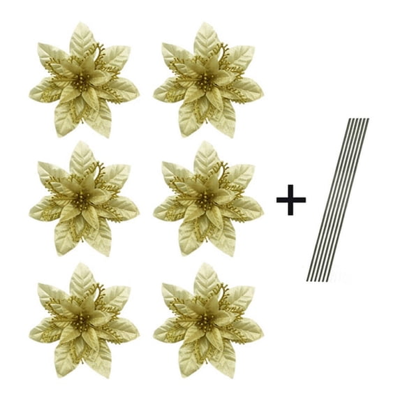 12-Pack Artificial Glitter Poinsettia, Flower Sticks, Christmas Flower Ornaments, Floral Stems, Picks, Branches, Xmas Tree Decorations for Holiday, Party, Wedding, 5.12-inch, Gold