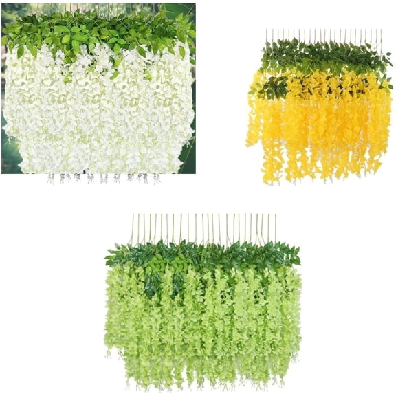 12 Pack Artificial Hanging Wisteria Flowers (42cm) - White, Green & Yellow Silk Vine & Creepers - 16.5" Small Hanging Garland for Home, Wedding & Festive Decor