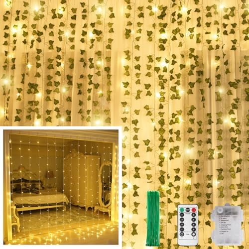 12 Pack Artificial Ivy Leaf Plants with 240 LED Window Curtain String Lights, Fake Plants Vine Hanging Garland, Hanging for Wall Party Wedding Room Home Kitchen Indoor & Outdoor Decoration