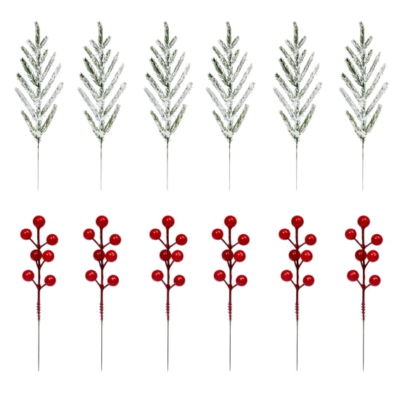 12 Pack Artificial Pine Branch & Burgundy Red Berry Set for Christmas Tree | Realistic Artificial Cedar Pine Stems for & Red Berry Christmas Trees Wreaths Garlands Floral Arrangements Holiday Decor