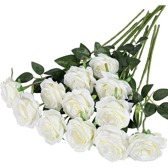 12 Pack Artificial Rose Flowers Realistic Silk Roses Bouquet Long Stem for Home Wedding Decoration Party (White)