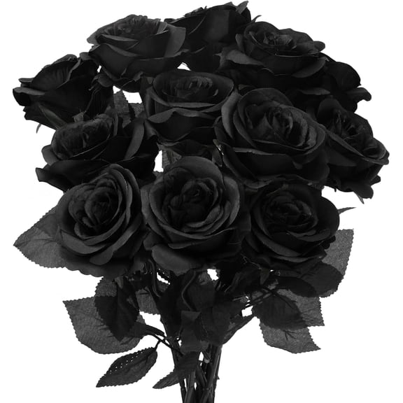 12 Pack Artificial Silk Roses Black Rose Flowers Lifelike Romantic Fake Rose with Long Stems for Halloween Party Home Suppliers Table Centerpieces Decor Valentine's Day DIY Bouquets