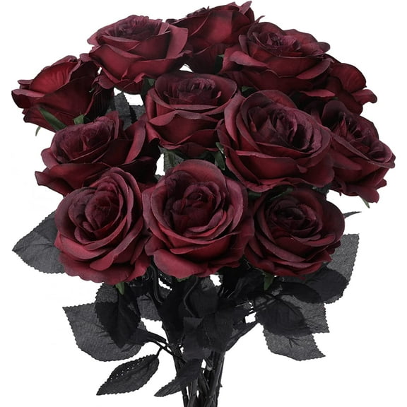 12 Pack Artificial Silk Roses Black Rose Flowers Lifelike Romantic Fake Rose with Long Stems for Halloween Party Home Suppliers Table Centerpieces Decor Valentine's Day DIY Bouquets