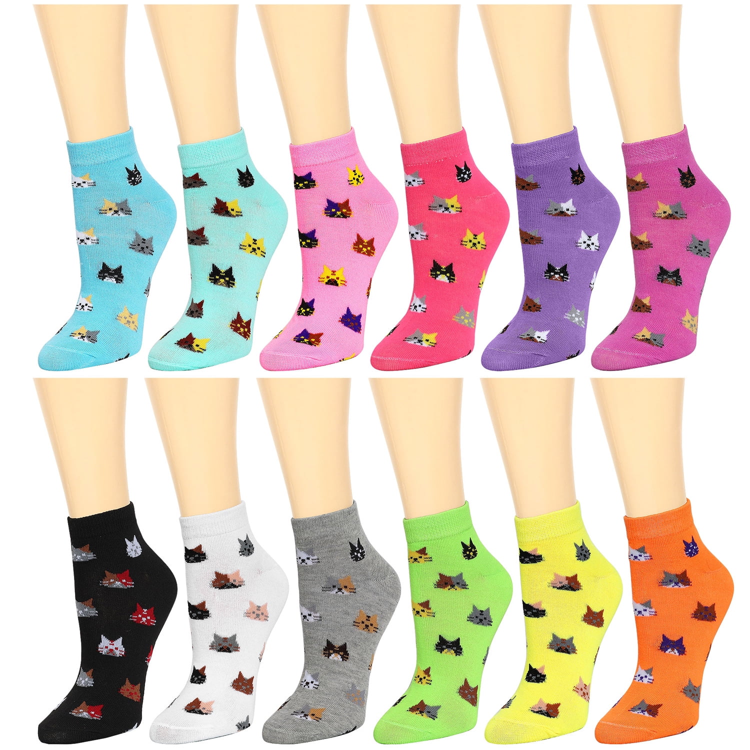 12Pack Assorted Colors Cat Pattern Women's Novelty Ankle Socks Size 9