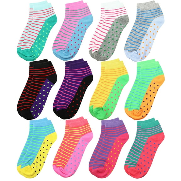 12-Pack Assorted Colors Women's Ankle Socks Size 9-11 Dots & Striped
