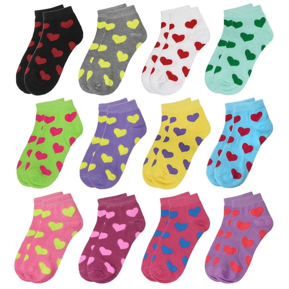 12-Pack Assorted Colors Women's Ankle Socks Size 9-11 Hearts